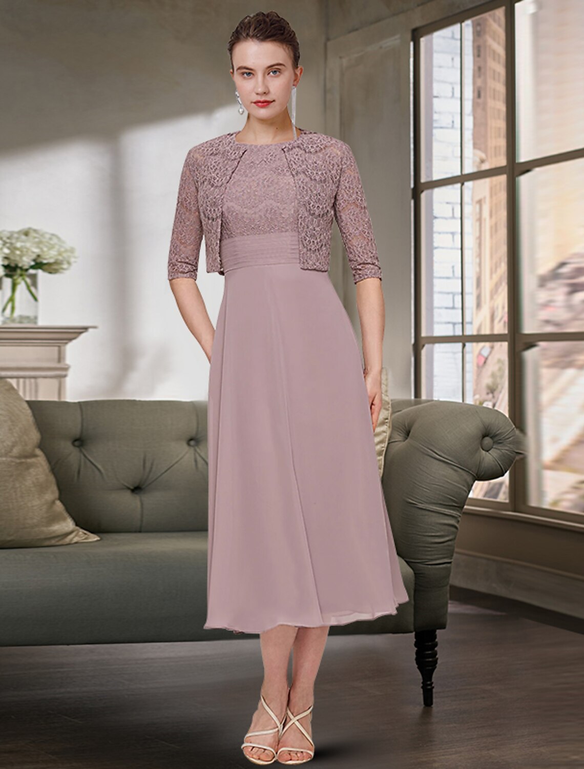 Two Piece Mother of the Bride Dress Wedding Guest Elegant Jewel Neck Tea Length Chiffon Lace Half Sleeve with Solid Color