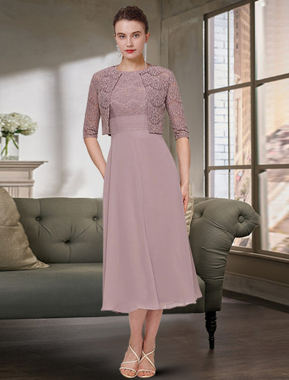 Two Piece Mother of the Bride Dress Wedding Guest Elegant Jewel Neck Tea Length Chiffon Lace Half Sleeve with Solid Color