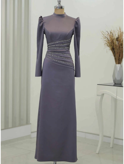 A-Line Evening Gown Christmas Elegant Dress Formal Ankle Length Long Sleeve High Neck Satin with Glitter Ruched