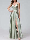 A-Line Bridesmaid Dress Spaghetti Strap Sleeveless Elegant Floor Length Satin with Split Front / Ruching