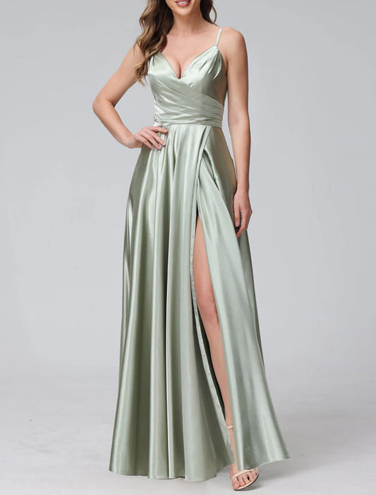 A-Line Bridesmaid Dress Spaghetti Strap Sleeveless Elegant Floor Length Satin with Split Front / Ruching