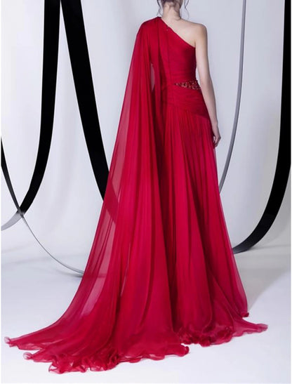 A-Line Empire Sexy Wedding Guest Formal Evening Dress One Shoulder Sleeveless Court Train Chiffon with Beading Slit