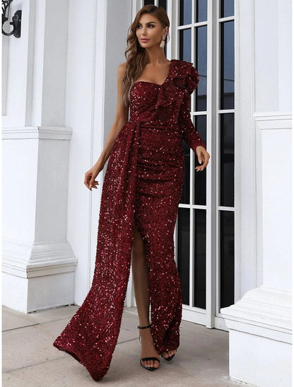 A-Line Evening Gown Elegant Dress Formal Sweep / Brush Train Long Sleeve One Shoulder Sequined with Glitter Ruched Slit