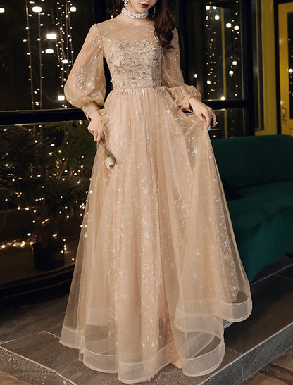 A-Line Prom Dresses Cute Dress Wedding Guest Party Wear Floor Length Long Sleeve Jewel Neck Tulle with Sequin Appliques