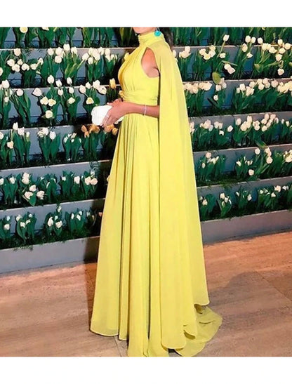 A-Line Evening Gown Maxi Dress Formal Wedding Guest Floor Length Sleeveless High Neck Capes Chiffon with Ruched