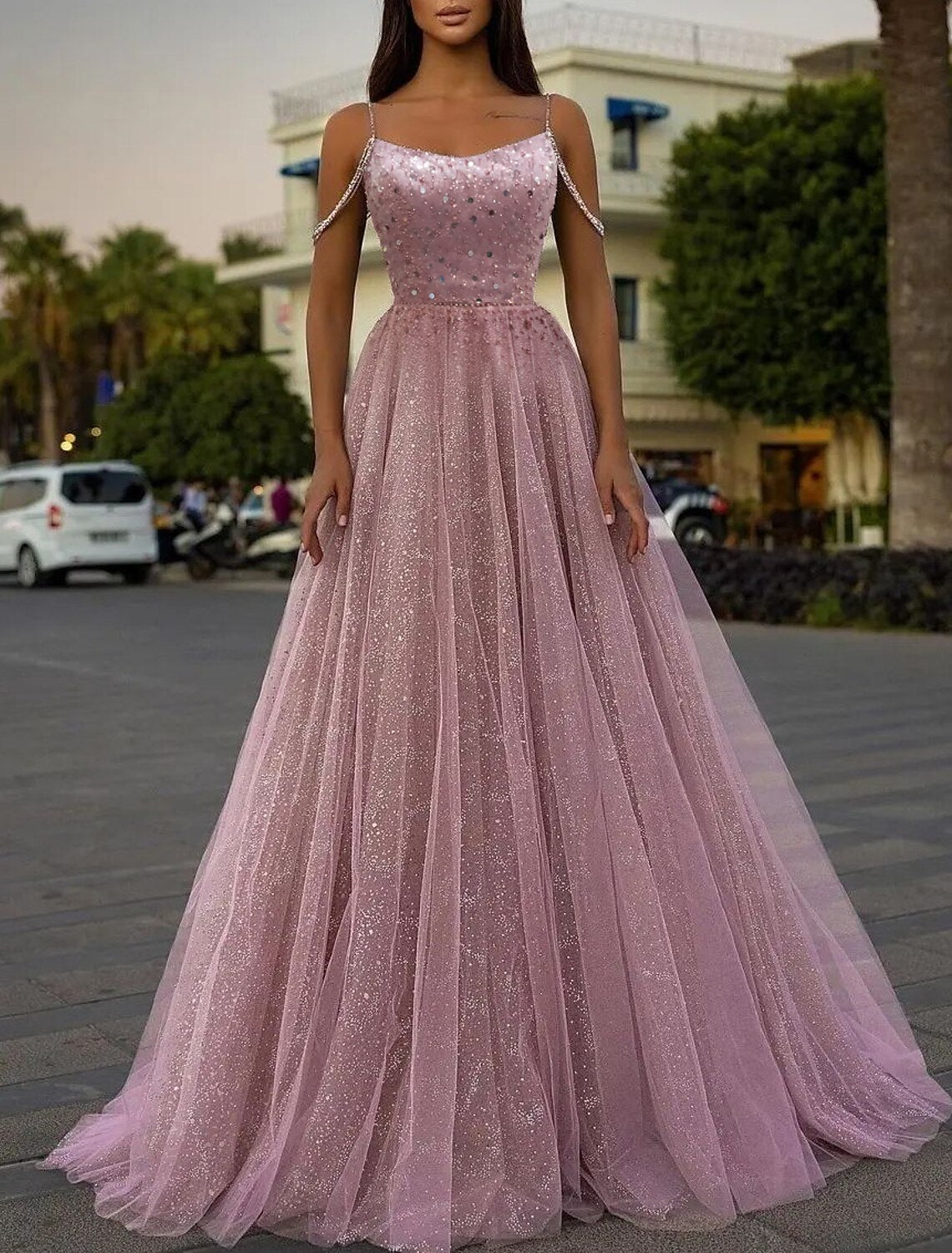 A-Line Sparkle & Shine Puffy Prom Birthday Dress Spaghetti Strap Sleeveless Sweep / Brush Train Sequined with Sequin