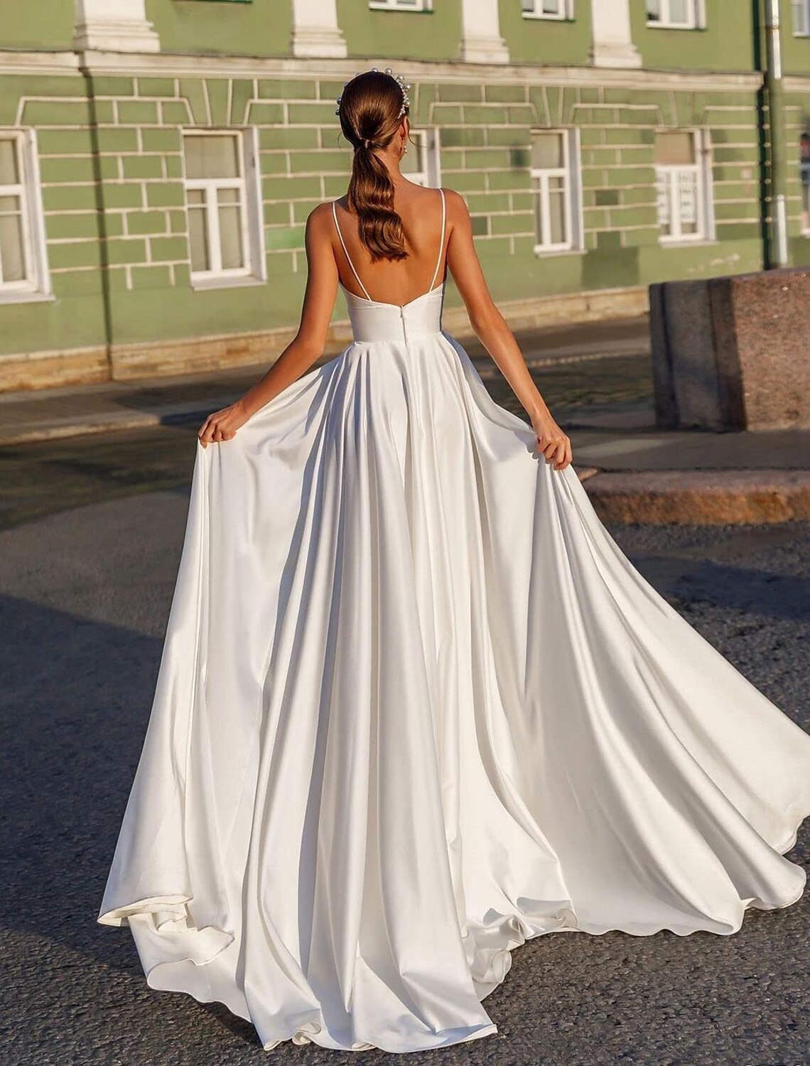 Beach Casual Wedding Dresses A-Line Spaghetti Strap Camisole Spaghetti Strap Sweep / Brush Train Satin Bridal Gowns With Ruched