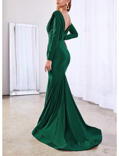 Mermaid / Trumpet Evening Gown Reformation Amante Dress Wedding Guest Formal Evening Court Train Long Sleeve V Neck Satin with Sleek Pure Color