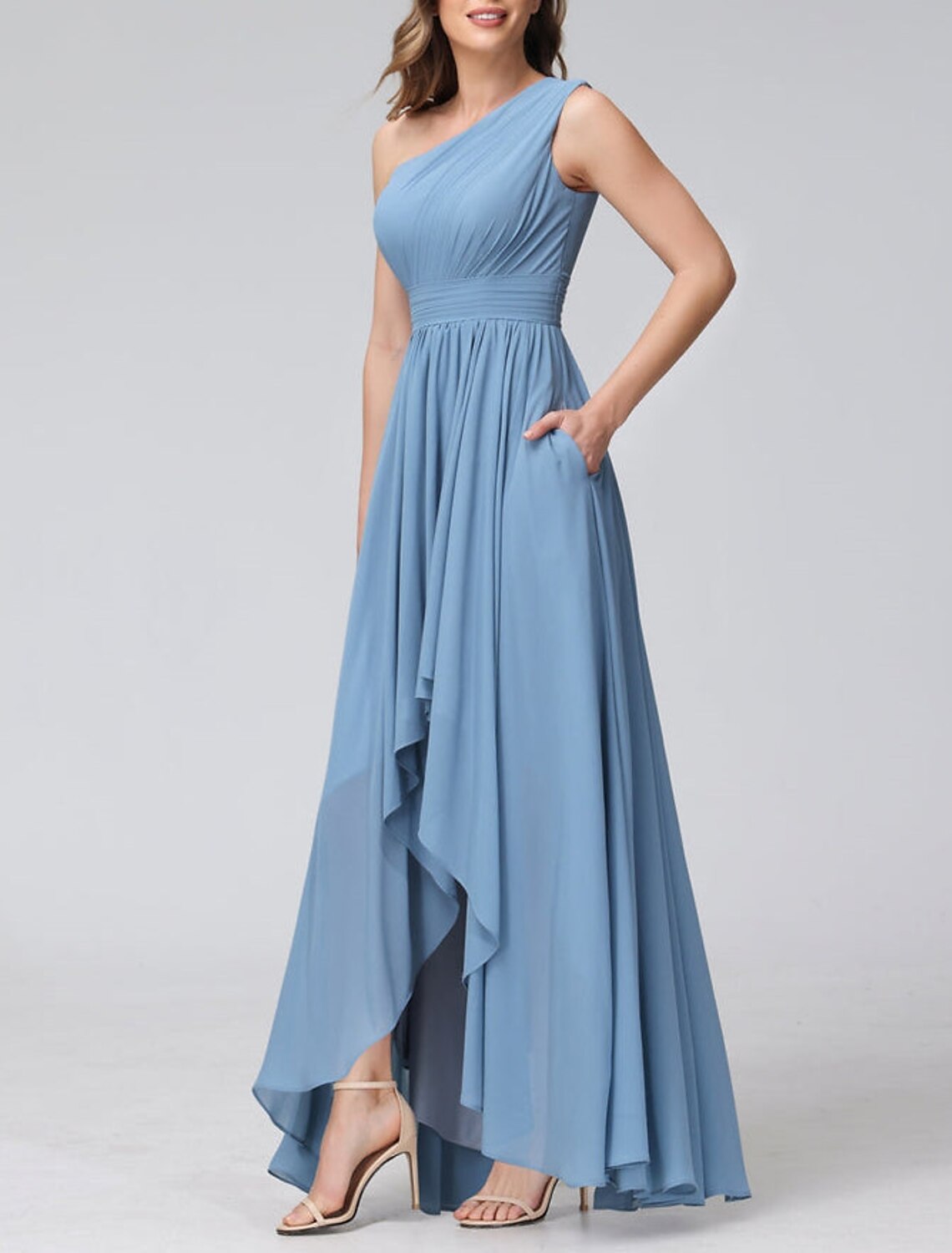 A-Line Bridesmaid Dress One Shoulder Sleeveless Blue Asymmetrical Chiffon with Solid Color