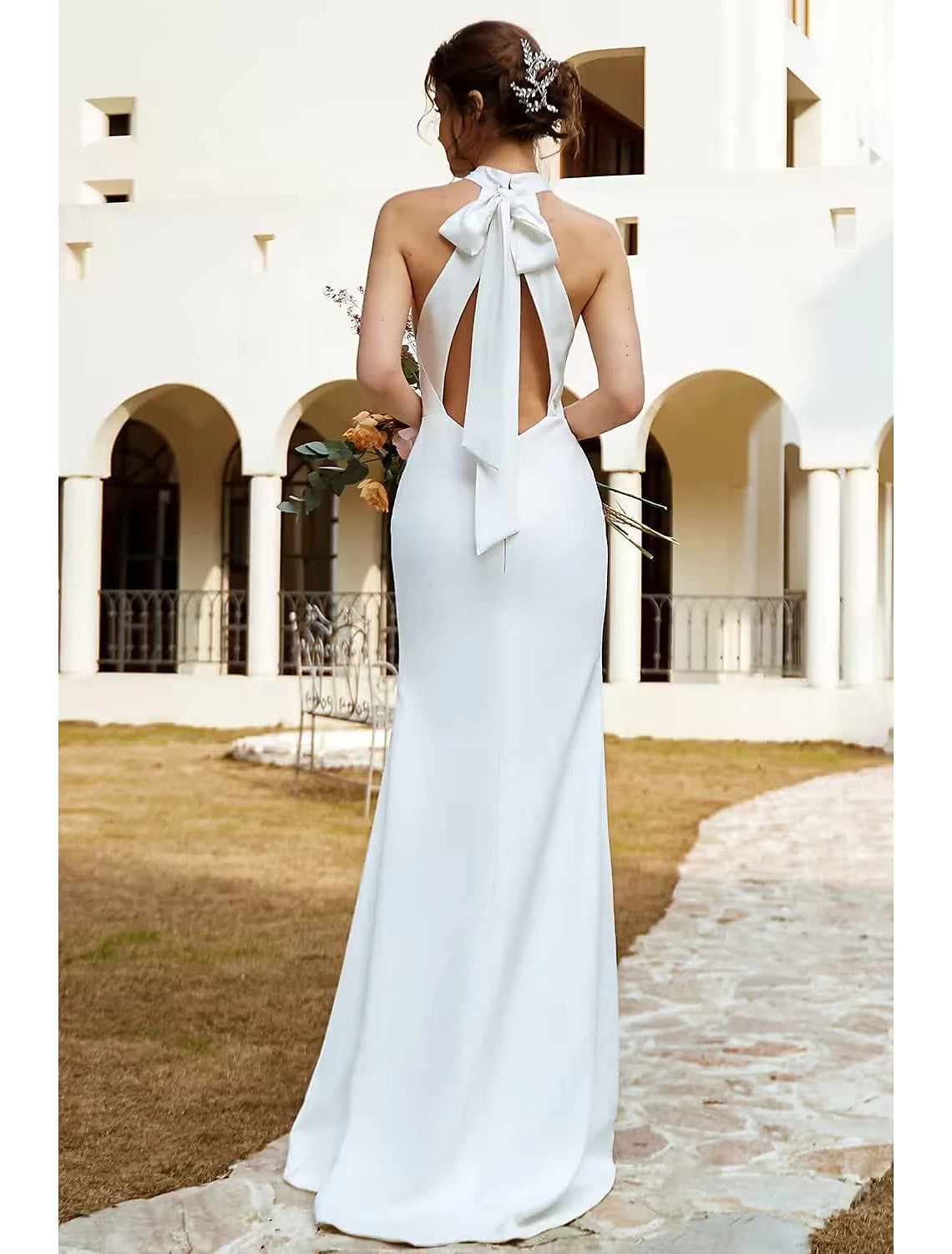 Beach Boho Wedding Dresses Sweep Train Mermaid Halter Sleeveless Stretch Fabric with Solid Color