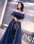 A-Line Fairy Prom Dress Sparkle Party Dress Off Shoulder Short Sleeve Floor Length Tulle with Sequins Embroidery