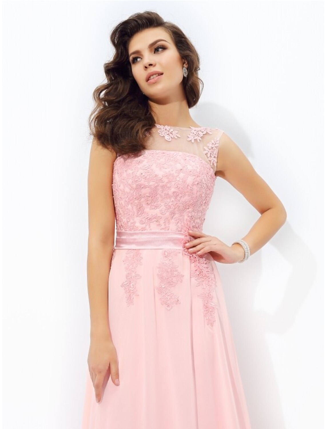 A-Line Prom Dresses Sparkle & Shine Dress Formal Wedding Guest Floor Length Sleeveless Jewel Neck Chiffon with Appliques