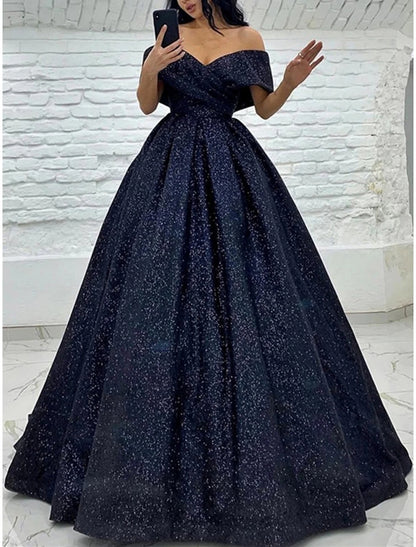 A-Line Prom Dresses Sparkle Black Champagne Gold Dress Black Tie Carival Sweep / Brush Train Short Sleeve Off Shoulder Sequined with Glitter Pleats