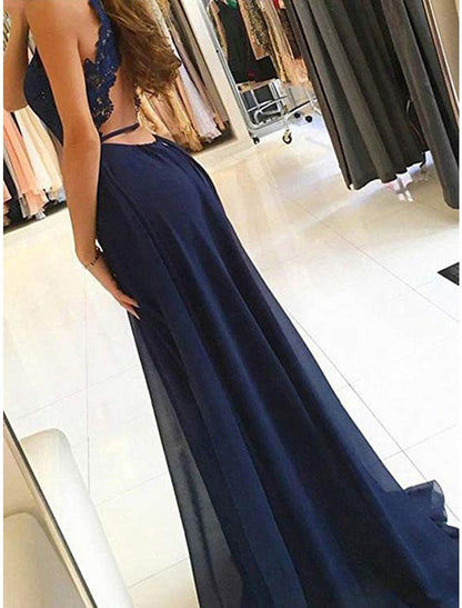 A-Line Evening Gown Cut Out Dress Formal Evening Wedding Party Sweep / Brush Train Sleeveless Halter Neck Lace with Slit