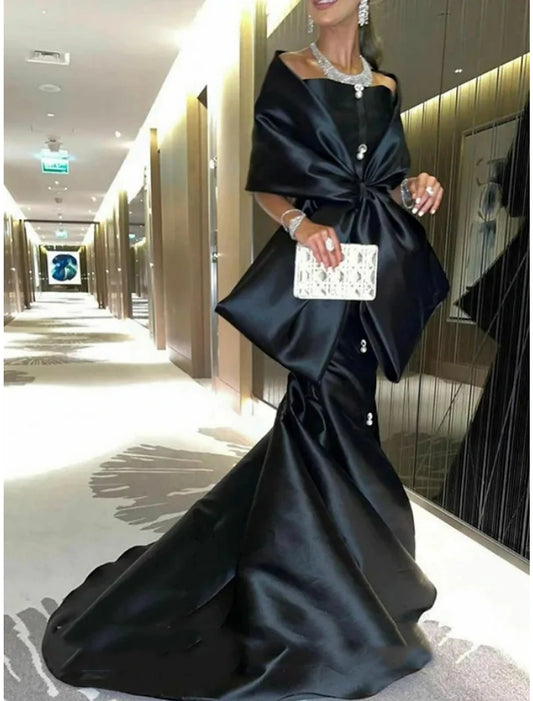 Mermaid / Trumpet Evening Gown Black Dress Elegant Dress Formal Court Train Half Sleeve Off Shoulder Satin with Bow(s) Slit