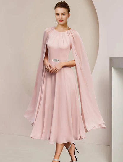 A-Line Mother of the Bride Dress Wedding Guest Party Elegant Scoop Neck Tea Length Chiffon Sleeveless with Pleats Crystal Brooch