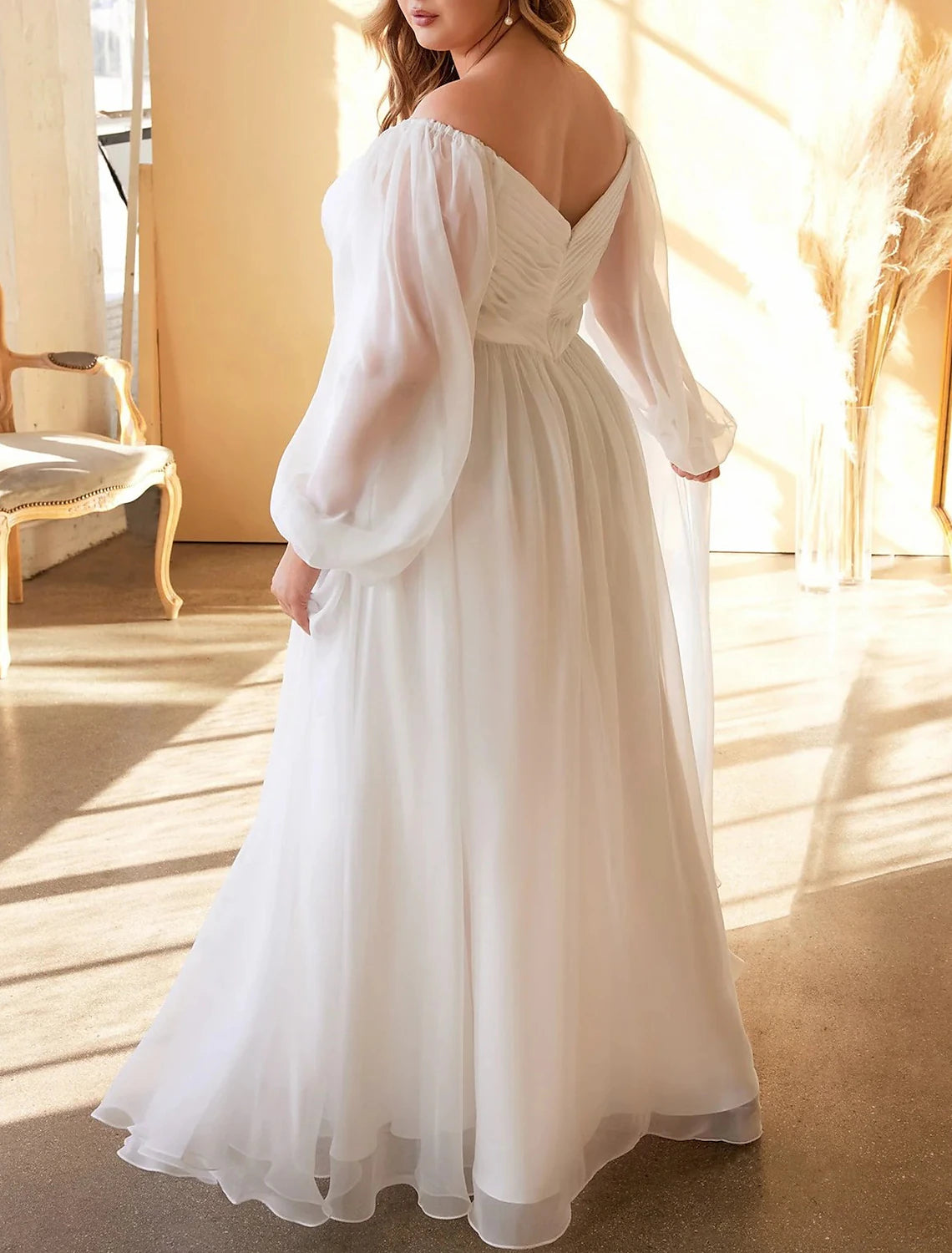 Beach Casual Wedding Dresses A-Line Off Shoulder Long Sleeve Floor Length Chiffon Bridal Gowns With Pleats Solid Color Summer Fall Wedding Party