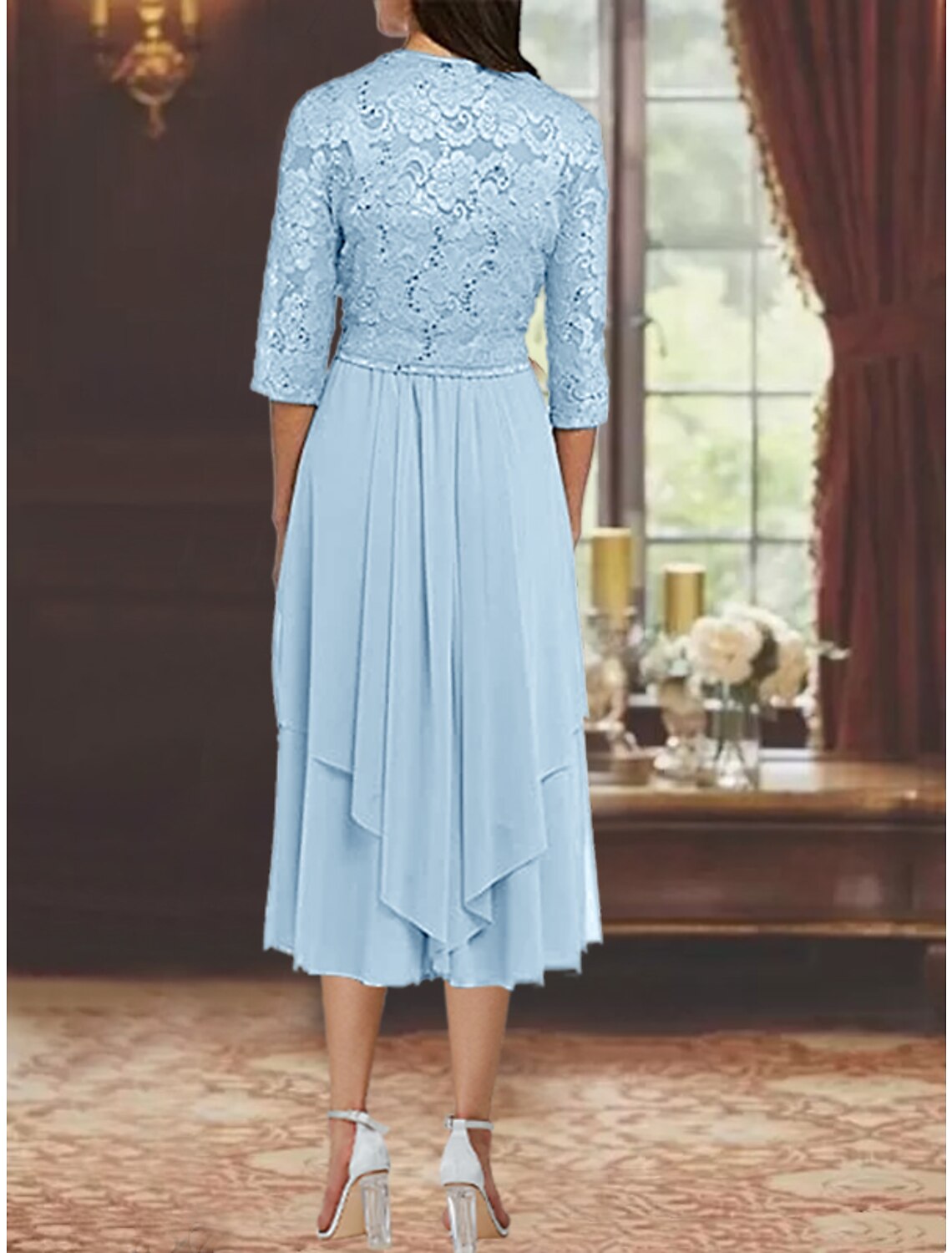 Two Piece A-Line Mother of the Bride Dress Formal Wedding Guest Elegant Square Neck Tea Length Chiffon Lace 3/4 Length Sleeve Wrap Included with Pleats