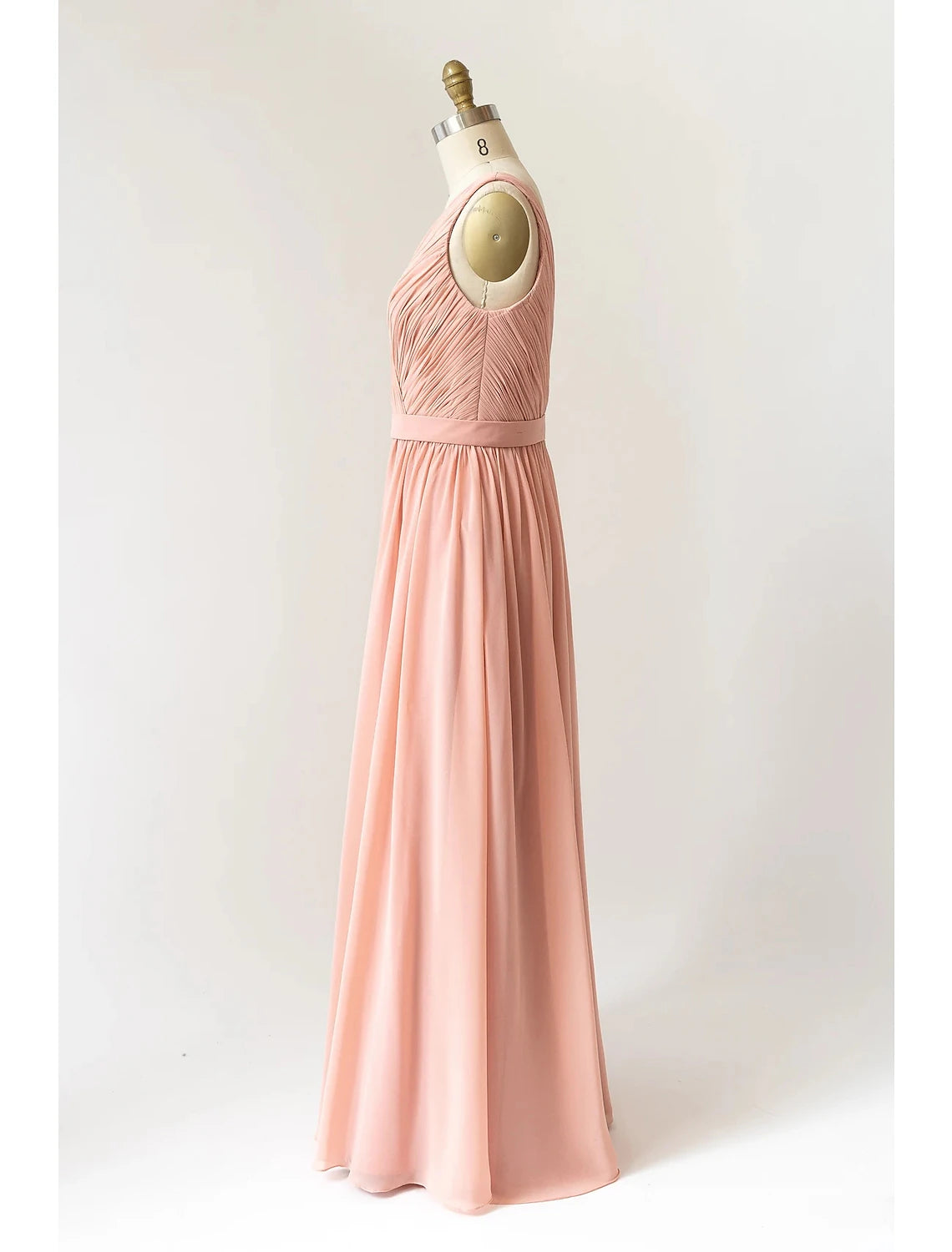 A-Line Bridesmaid Dress V Neck Sleeveless Open Back Floor Length Chiffon with Pleats