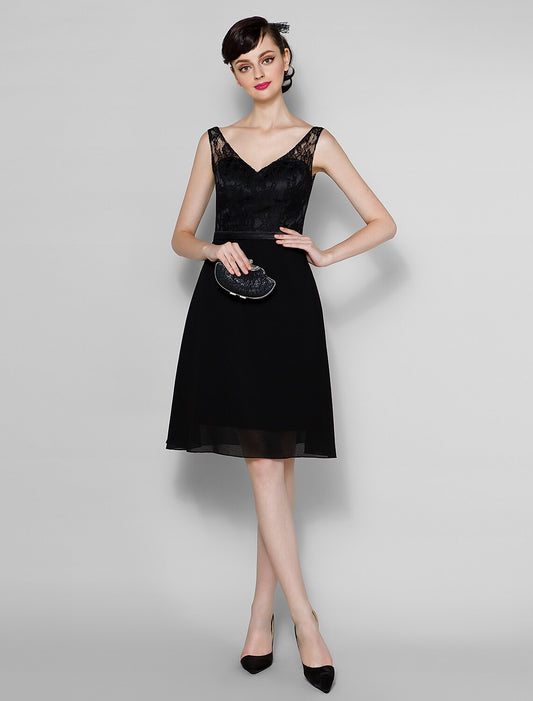 A-Line V Neck Knee Length Chiffon / Sheer Lace Bridesmaid Dress with Lace