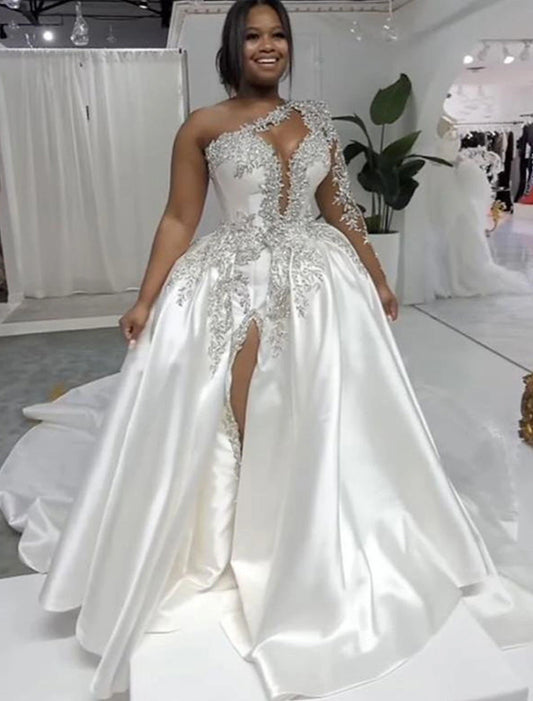 Formal Wedding Dresses Ball Gown One Shoulder Regular Straps Court Train Satin Bridal Gowns With Beading Split Front