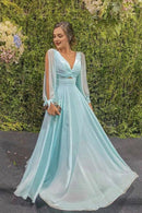 Mother of the Bride Dresses Sheath Chiffon Ruched V-neck Long Sleeves Sweep