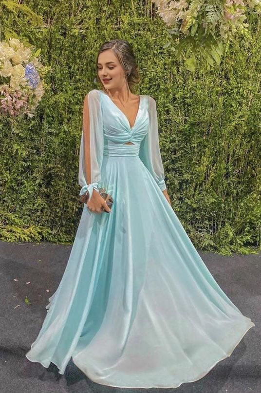 Mother of the Bride Dresses Sheath Chiffon Ruched V-neck Long Sleeves Sweep