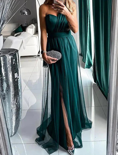 A-Line Wedding Guest Dresses Sexy Dress Wedding Guest Prom Sweep / Brush Train Sleeveless One Shoulder Polyester with Pleats Slit