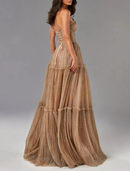 A-Line Evening Gown Glittering Dress Formal Wedding Guest Floor Length Sleeveless Strapless Tulle with Pleats