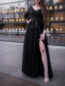 Ball Gown Tulle Long Sleeves Applique Off-the-Shoulder Floor-Length Dresses