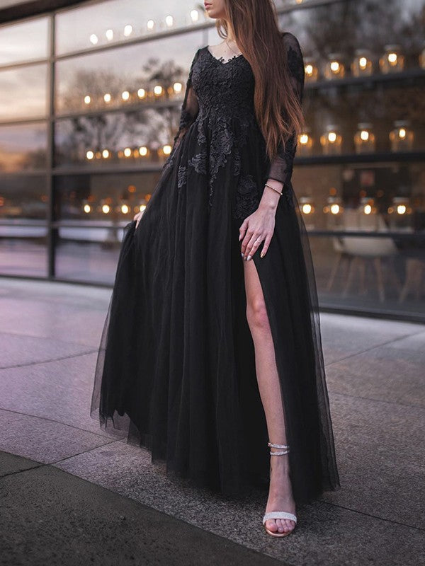 Ball Gown Tulle Long Sleeves Applique Off-the-Shoulder Floor-Length Dresses