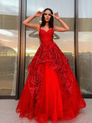 A-Line/Princess Straps Tulle Sleeveless Floor-Length Applique Dresses