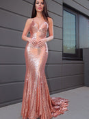 Trumpet/Mermaid Sleeveless Sequins Ruffles V-neck Sweep/Brush Train Dresses