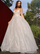 A-Line/Princess Sleeveless V-neck Tulle Sequin Sweep/Brush Train Dresses