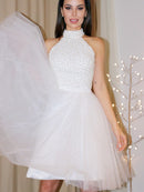 A-Line/Princess Sleeveless Halter Beading Tulle Short/Mini Homecoming Dresses