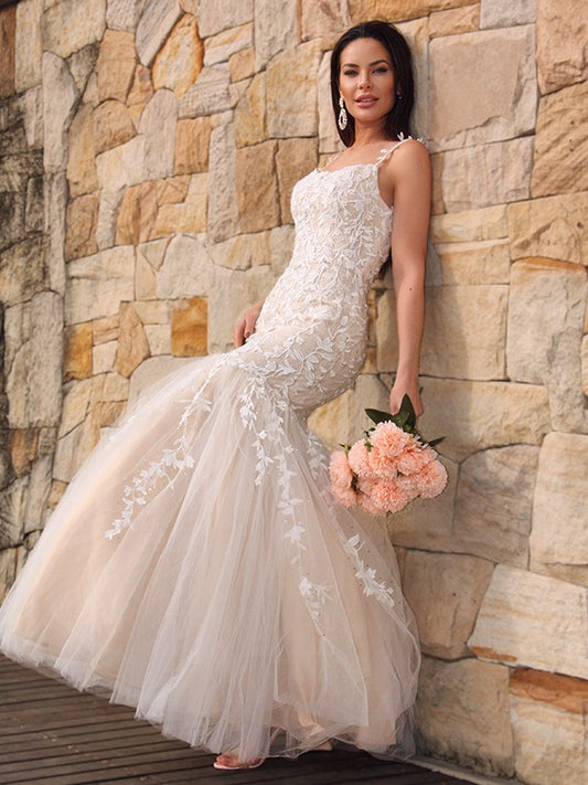 Trumpet/Mermaid Tulle Applique Sleeveless Spaghetti Straps Floor-Length Dresses