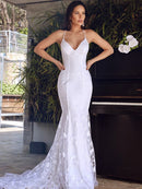 Trumpet/Mermaid Sleeveless Tulle Lace Spaghetti Straps Court Train Wedding Dresses