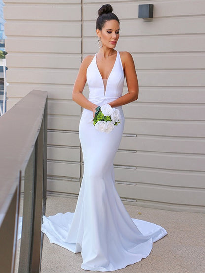 Sheath/Column Stretch Crepe V-neck Ruched Sleeveless Sweep/Brush Train Wedding Dresses