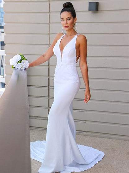 Sheath/Column Stretch Crepe V-neck Ruched Sleeveless Sweep/Brush Train Wedding Dresses