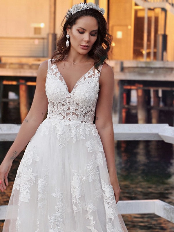 A-Line/Princess Tulle Sleeveless Applique V-neck Sweep/Brush Train Wedding Dresses