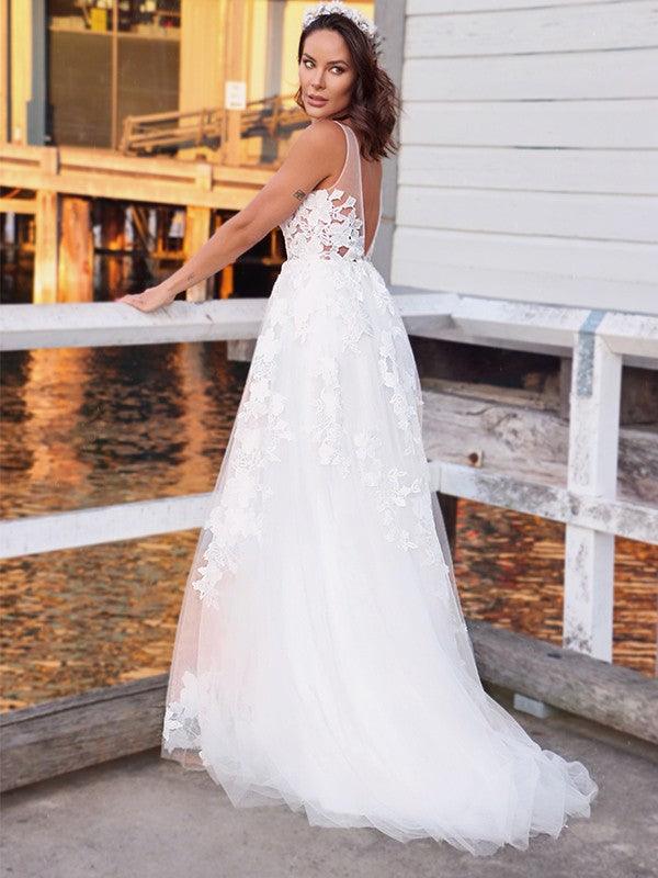 A-Line/Princess Tulle Sleeveless Applique V-neck Sweep/Brush Train Wedding Dresses