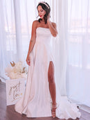 A-Line/Princess Satin Ruffles Strapless Sleeveless Sweep/Brush Train Wedding Dresses