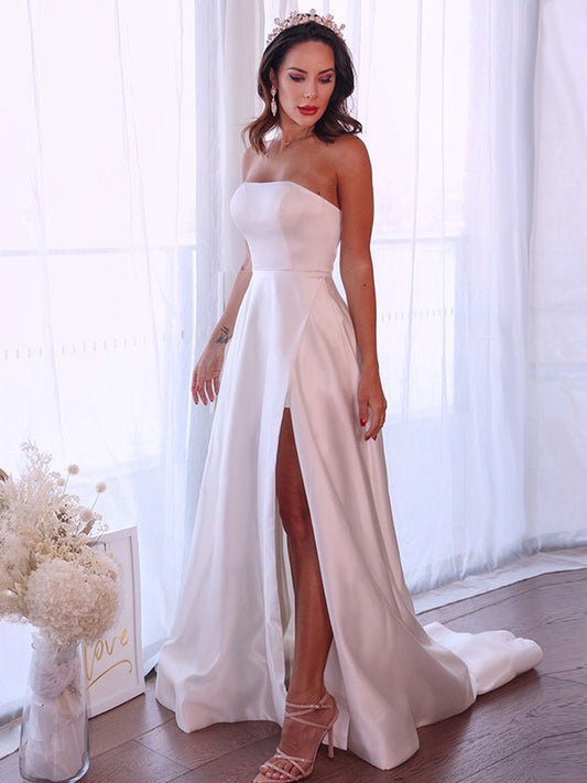 A-Line/Princess Satin Ruffles Strapless Sleeveless Sweep/Brush Train Wedding Dresses