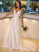 A-Line/Princess  Woven Satin Spaghetti Straps Ruffles Sleeveless Sweep/Brush Train Wedding Dresses