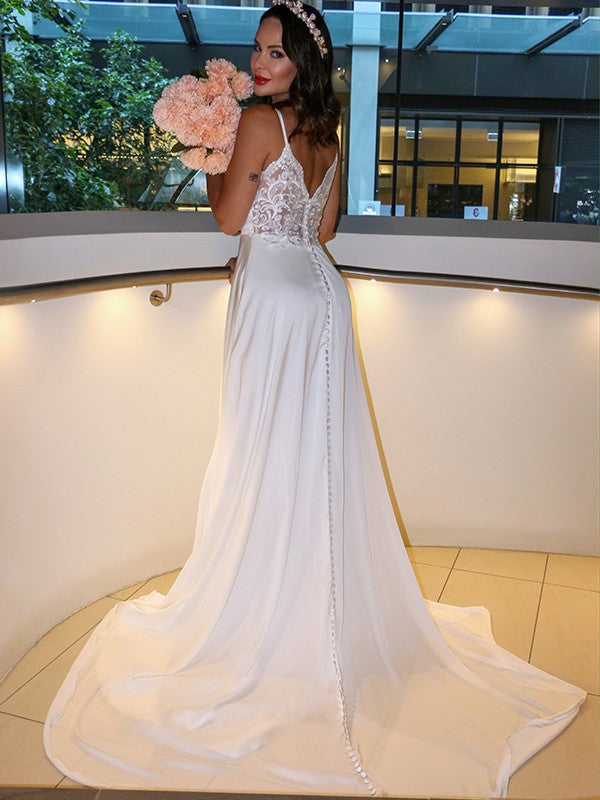 A-Line/Princess  Woven Satin Spaghetti Straps Ruffles Sleeveless Sweep/Brush Train Wedding Dresses