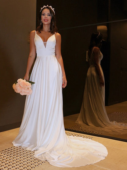 A-Line/Princess  Woven Satin Spaghetti Straps Ruffles Sleeveless Sweep/Brush Train Wedding Dresses