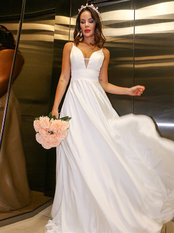 A-Line/Princess  Woven Satin Spaghetti Straps Ruffles Sleeveless Sweep/Brush Train Wedding Dresses