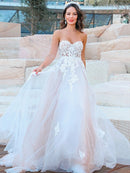 A-Line/Princess Sweetheart Tulle Applique Sleeveless Sweep/Brush Train Wedding Dresses