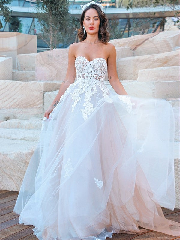 A-Line/Princess Sweetheart Tulle Applique Sleeveless Sweep/Brush Train Wedding Dresses