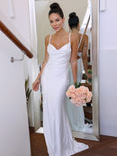 Sheath/Column Spaghetti Straps NS  Woven Satin Sleeveless Ruched Sweep/Brush Train Wedding Dresses